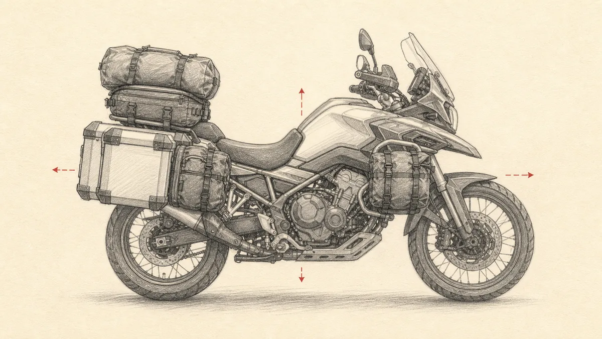 クリーム色の紙に鉛筆調で、キャンプ道具を積んだツーリングバイクを横から見た図。シートバッグ・左右のパニア・振り分けバッグと、重心を示す矢印。文字やロゴは入れない