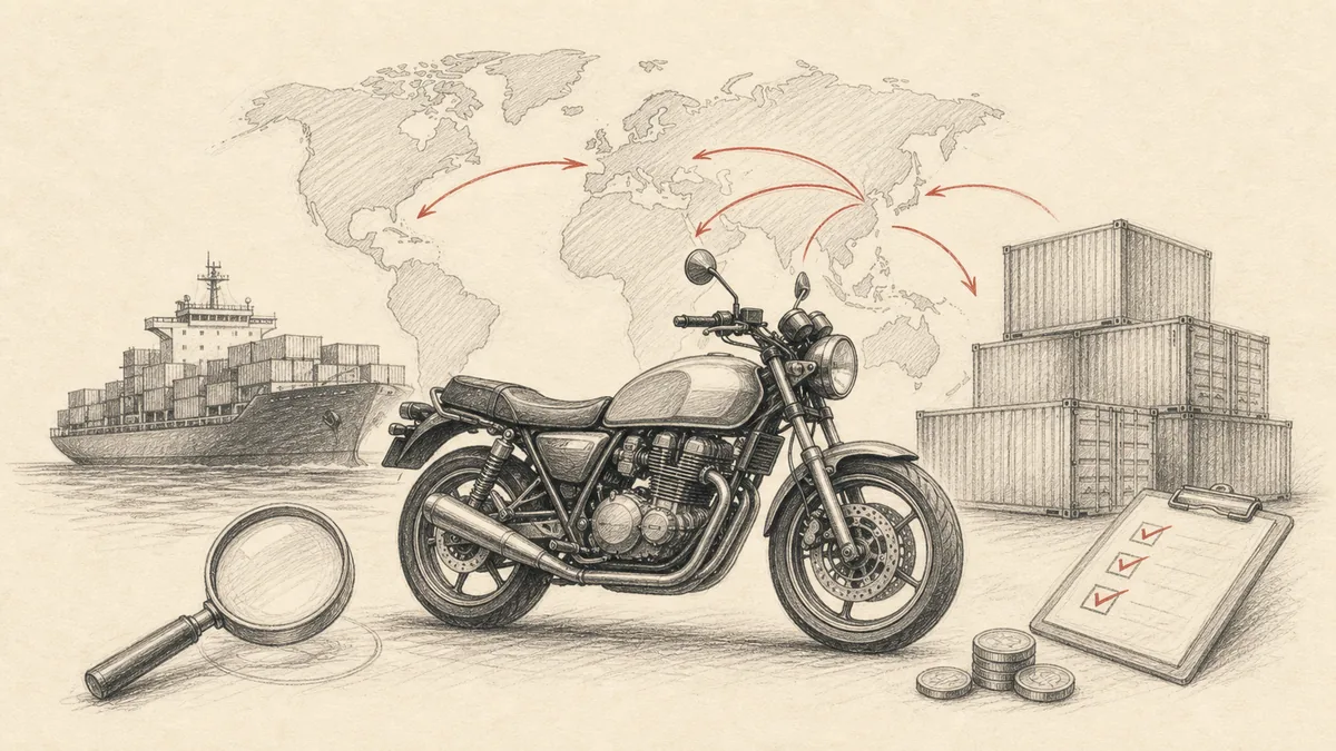 クリーム色の紙に鉛筆調で、港でコンテナに積み込まれるバイクと、書類を確認する人物、背景に船と地球儀・航路を描いた図。赤の差し色。読める文字やロゴは入れない