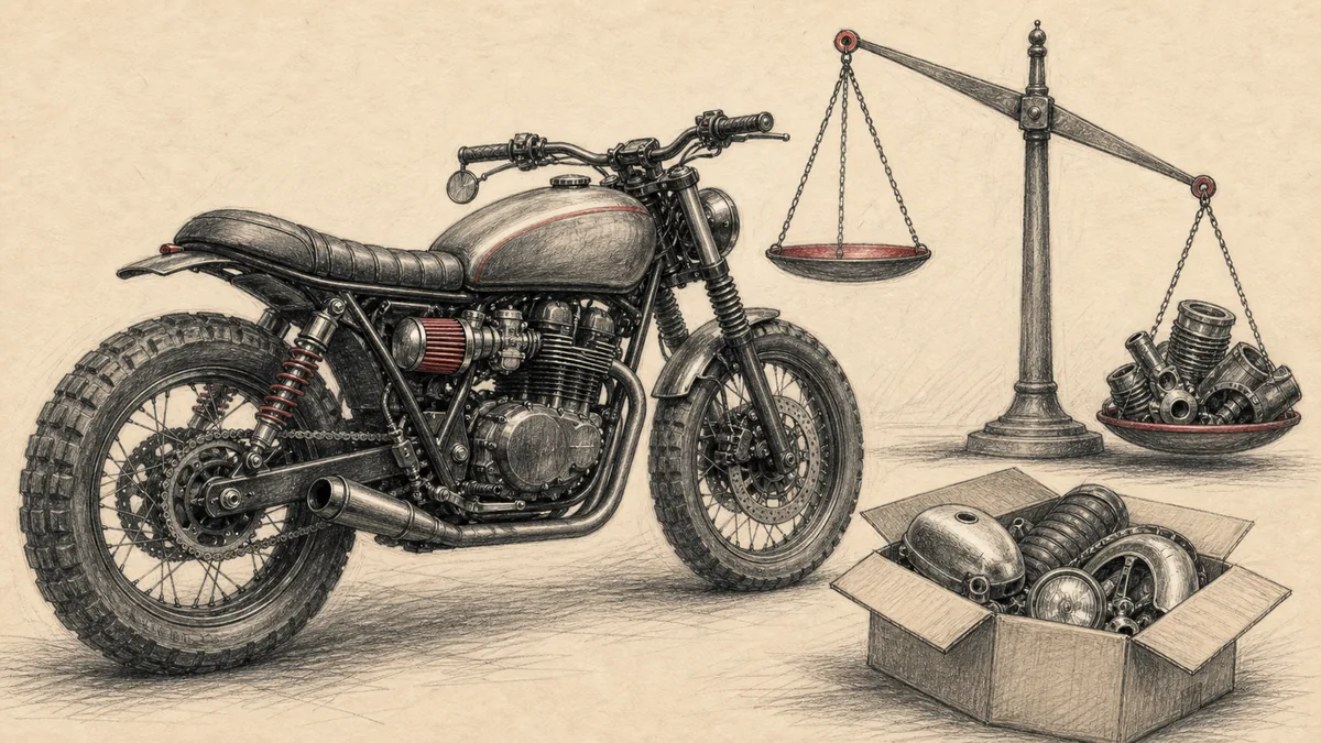 クリーム色の紙に鉛筆調で、カスタムパーツを付けたバイクと、査定でプラス評価・マイナス評価に分かれる天秤、外した純正部品の箱。赤の差し色。読める文字やロゴは入れない