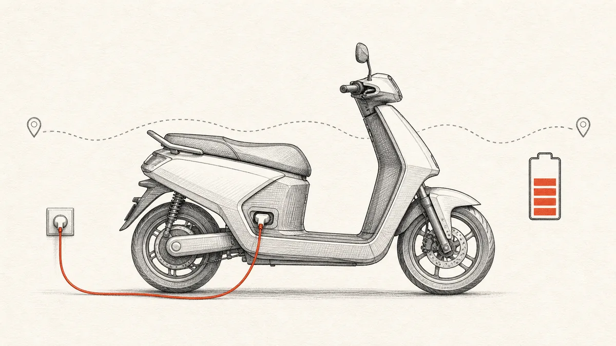 (線画で、電動バイクを横から見た姿。脇に充電プラグと電池残量を示す抽象的なアイコン、背景に通勤路を表す点線。文字やロゴは入れない)