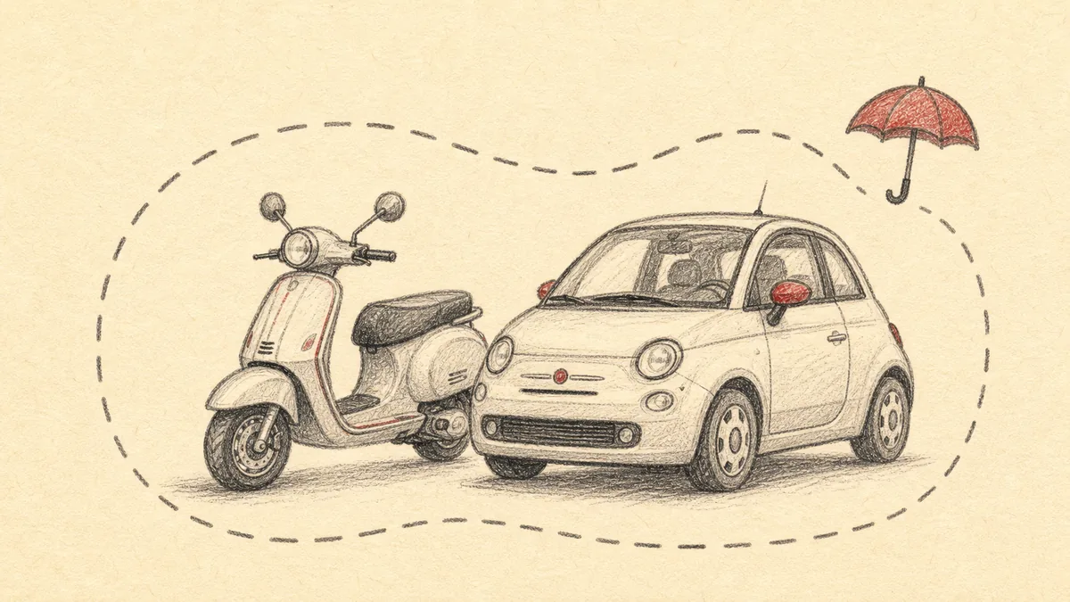 (線画で、原付バイクと自動車を並べて描き、両者を囲む破線の枠で「特約」でまとめて守られる関係を抽象化。脇に小さな傘のアイコン。文字やロゴは入れない)