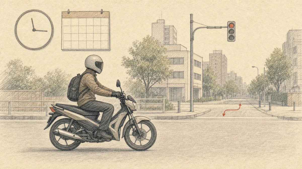 クリーム色の紙に鉛筆調で、通勤路を走る125ccクラスの小型バイクと時計・カレンダー・街並み。二段階右折を示す小さな矢印を添える。赤の差し色。読める文字やロゴは入れない