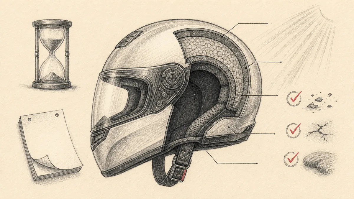 クリーム色の紙に鉛筆調で描いた、バイク用ヘルメットの断面図。外殻・発泡ライナー・内装パッド・あご紐の層構造と、紫外線や熱、衝撃で傷んでいく様子を中立的に示す。赤の差し色。読める文字やロゴ、実在ブランドは描かない