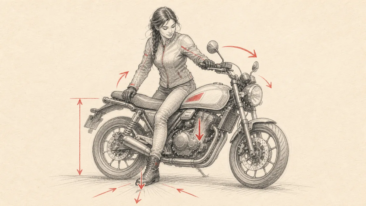 クリーム色の紙に鉛筆調で、バイクにまたがって足つきを確かめる女性ライダーと、軽さ・シート高・取り回しを表す矢印。赤の差し色。読める文字やロゴは入れない