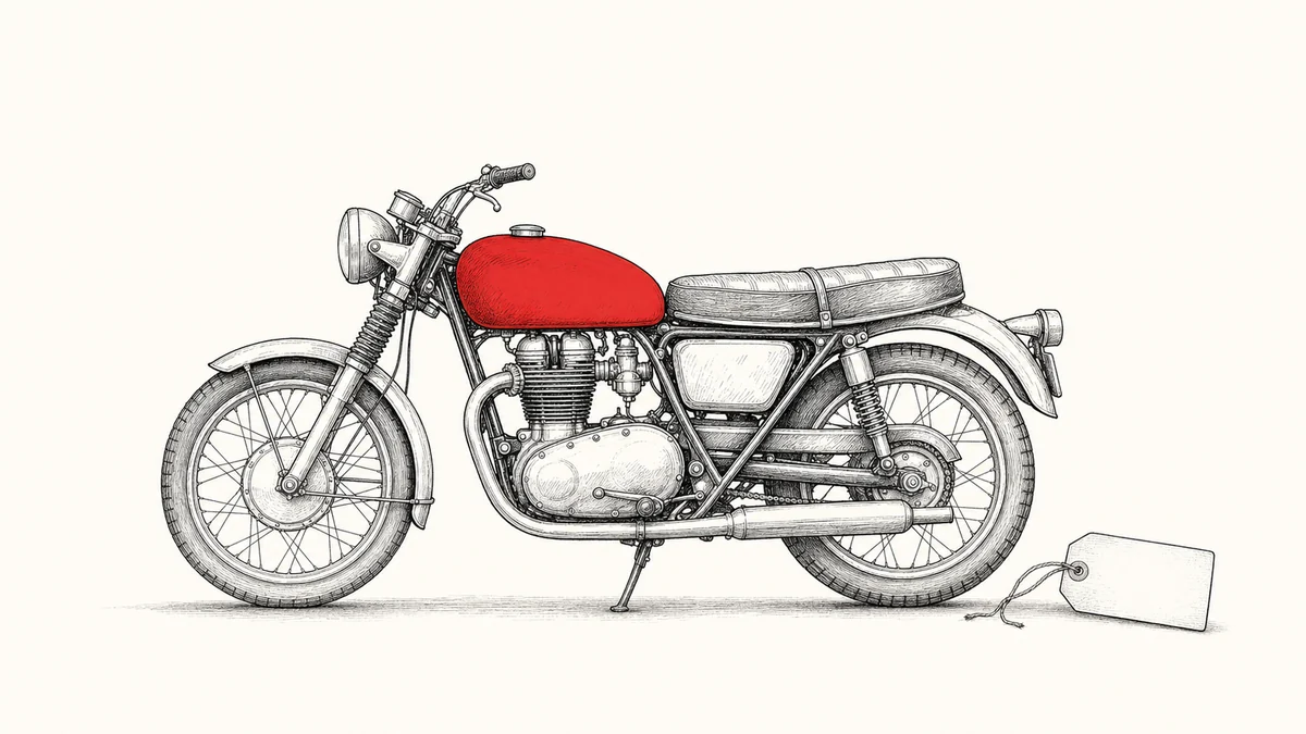 旧車の名車バイクと値札を線画で描いたイラスト