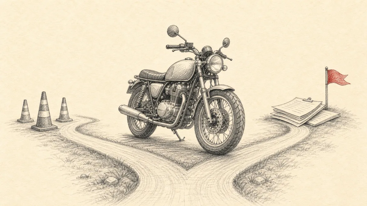 クリーム色の紙に鉛筆調で、大型バイクを中心に道が二股に分かれ片方は教習所のパイロン、もう片方は試験場の書類。文字やロゴは入れない