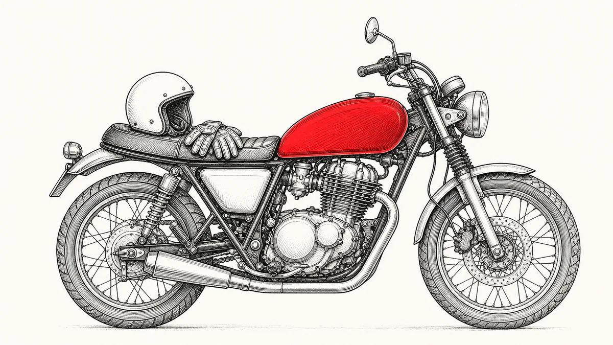 ヘルメットとグローブをシートに載せた、赤いタンクの軽量スタンダードバイクの線画