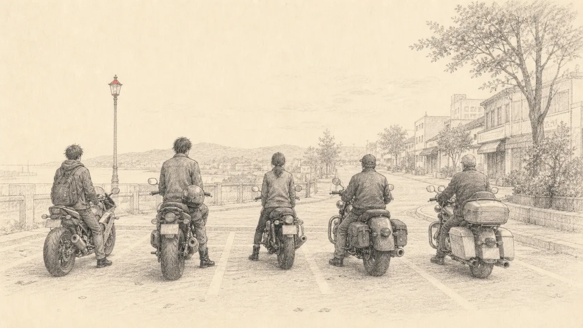クリーム色の紙に鉛筆調で描いた、世代の異なる複数のライダーの後ろ姿とバイクのシルエット。若い世代から白髪の世代まで並んで立ち、遠くの道を見つめている中立的な情景。赤の差し色。読める文字や実在のロゴ、特定できる人物や国旗は描かない