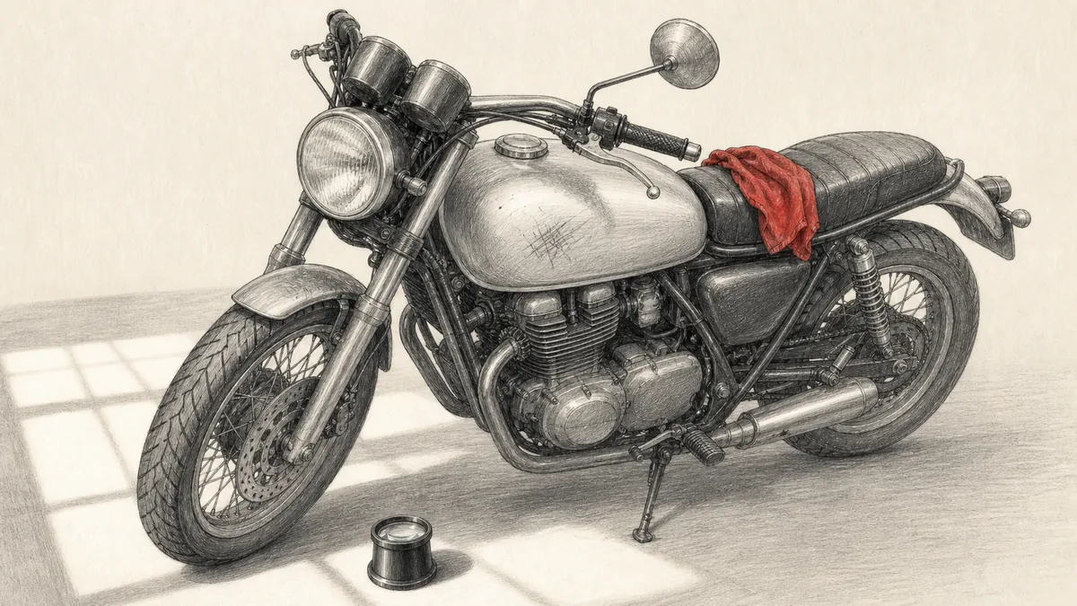 (線画で、傾いて軽く倒れたバイクのタンクとレバー付近の擦り傷を点検する手元の描写。文字やロゴは入れない)